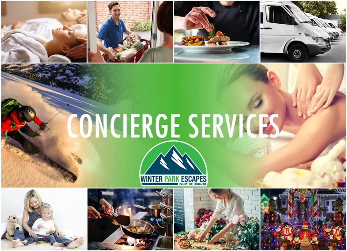 A vibrant collage of resort-style perks, including images of a skier, spa treatment, gourmet food delivery, family interactions, and festive decorations. The visual highlights the range of complimentary activities and luxury services available to guests.