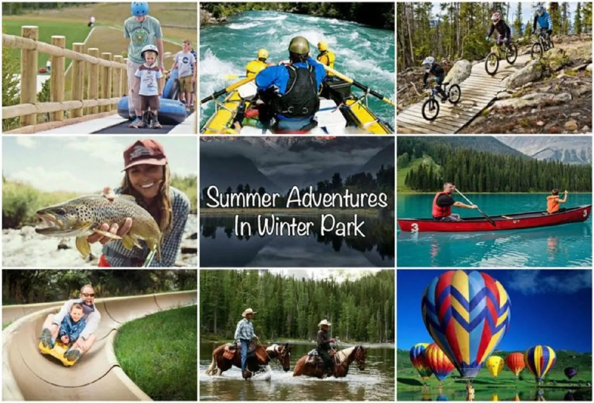 A lively summer landscape bursting with activity: families and friends raft down whitewater rapids, kids and adults ride bicycles alongside waterways, fish in scenic spots, ride horses through meadows, and even enjoy colorful hot air balloons floating overhead. The scene exudes joy and adventure, showing off the breadth of outdoor activities available in the warmer months.